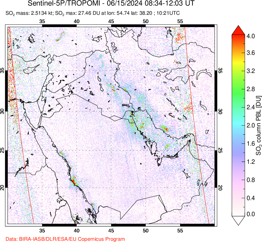 A sulfur dioxide image over Middle East on Jun 15, 2024.