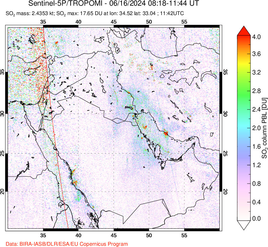 A sulfur dioxide image over Middle East on Jun 16, 2024.