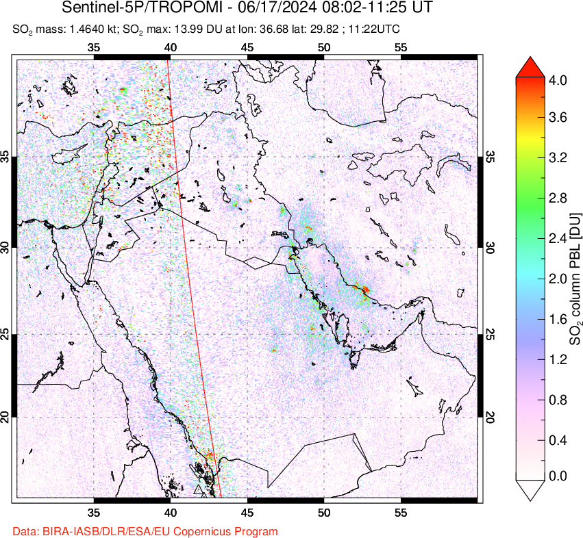 A sulfur dioxide image over Middle East on Jun 17, 2024.