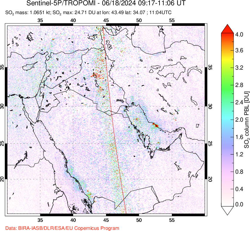 A sulfur dioxide image over Middle East on Jun 18, 2024.