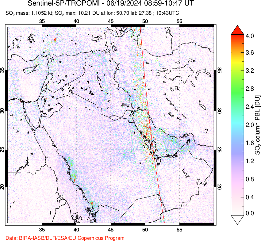 A sulfur dioxide image over Middle East on Jun 19, 2024.