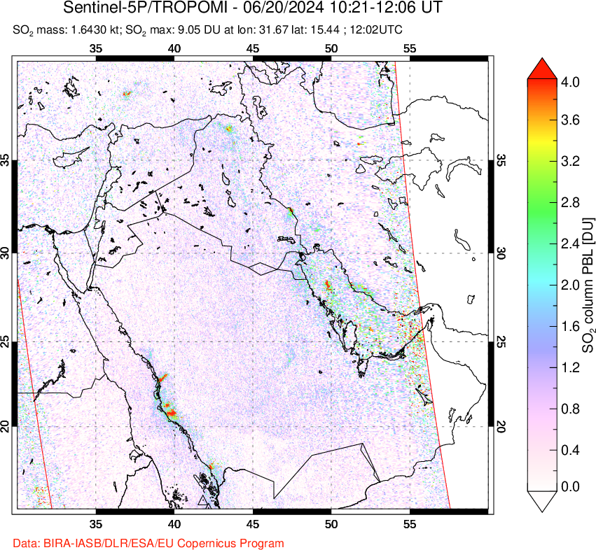 A sulfur dioxide image over Middle East on Jun 20, 2024.