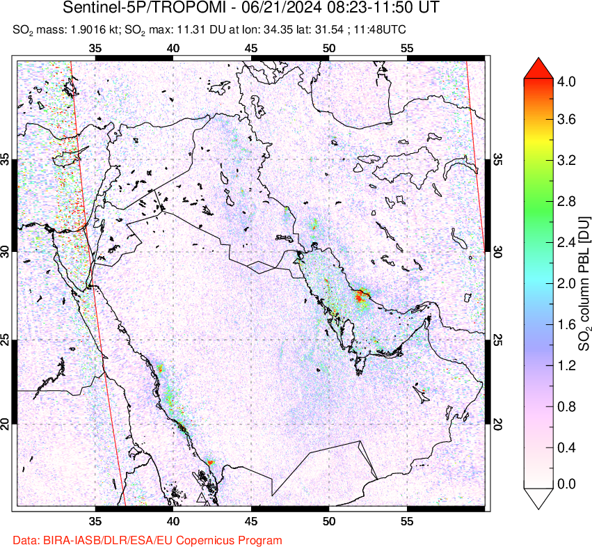 A sulfur dioxide image over Middle East on Jun 21, 2024.