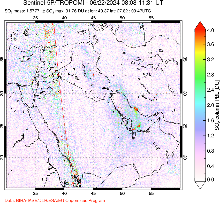 A sulfur dioxide image over Middle East on Jun 22, 2024.