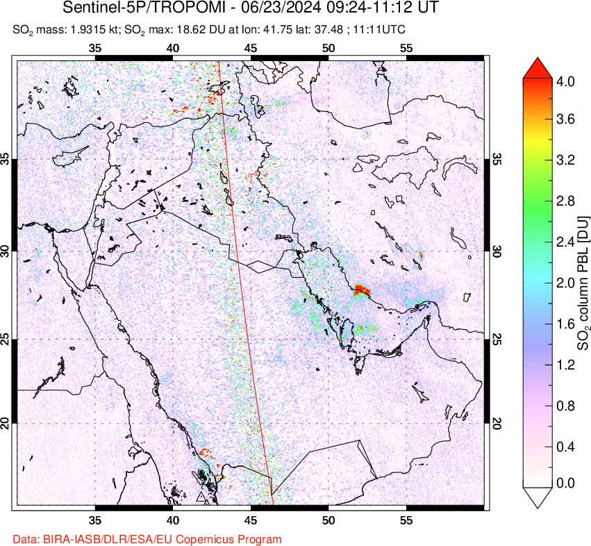 A sulfur dioxide image over Middle East on Jun 23, 2024.