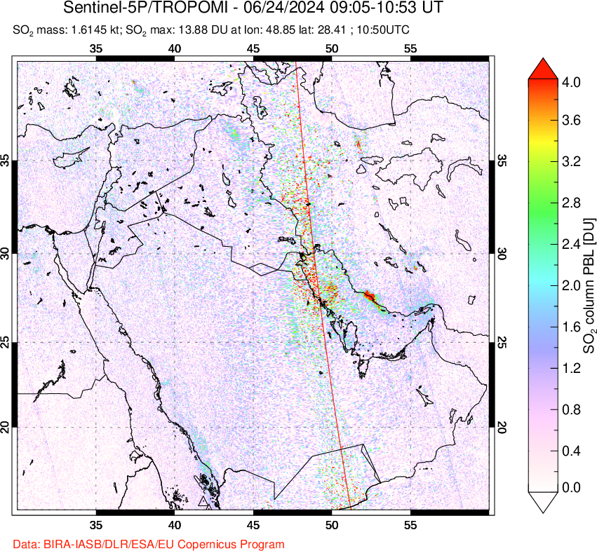 A sulfur dioxide image over Middle East on Jun 24, 2024.