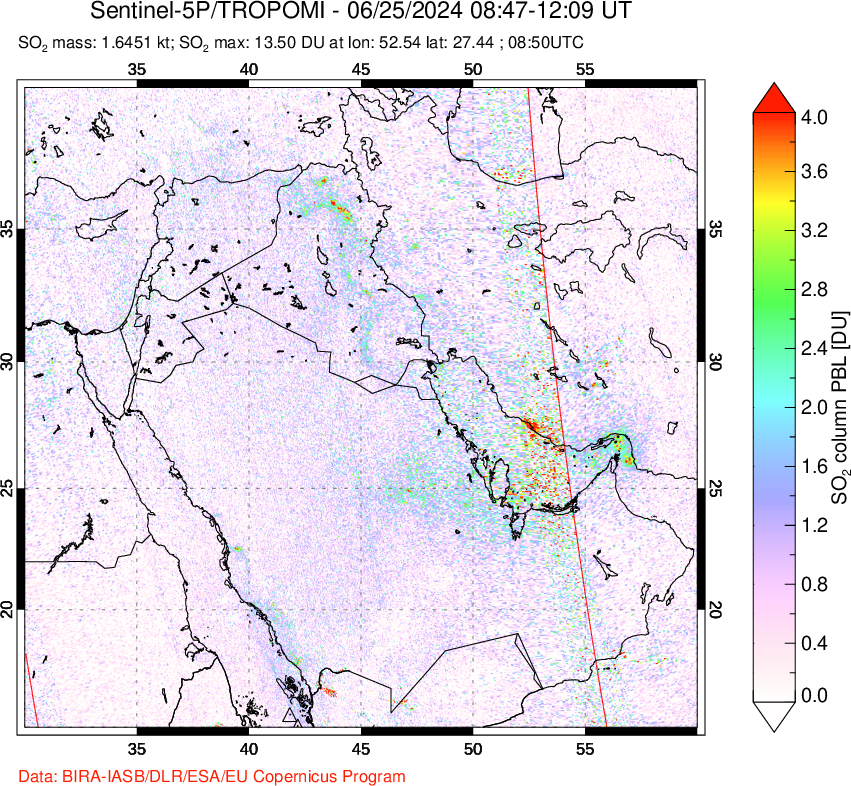 A sulfur dioxide image over Middle East on Jun 25, 2024.