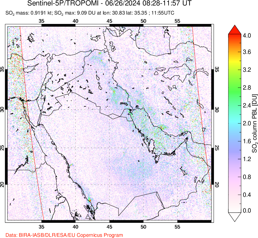 A sulfur dioxide image over Middle East on Jun 26, 2024.