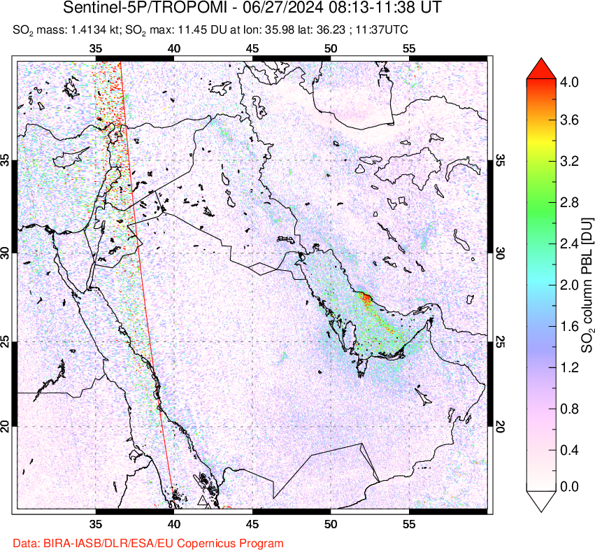 A sulfur dioxide image over Middle East on Jun 27, 2024.