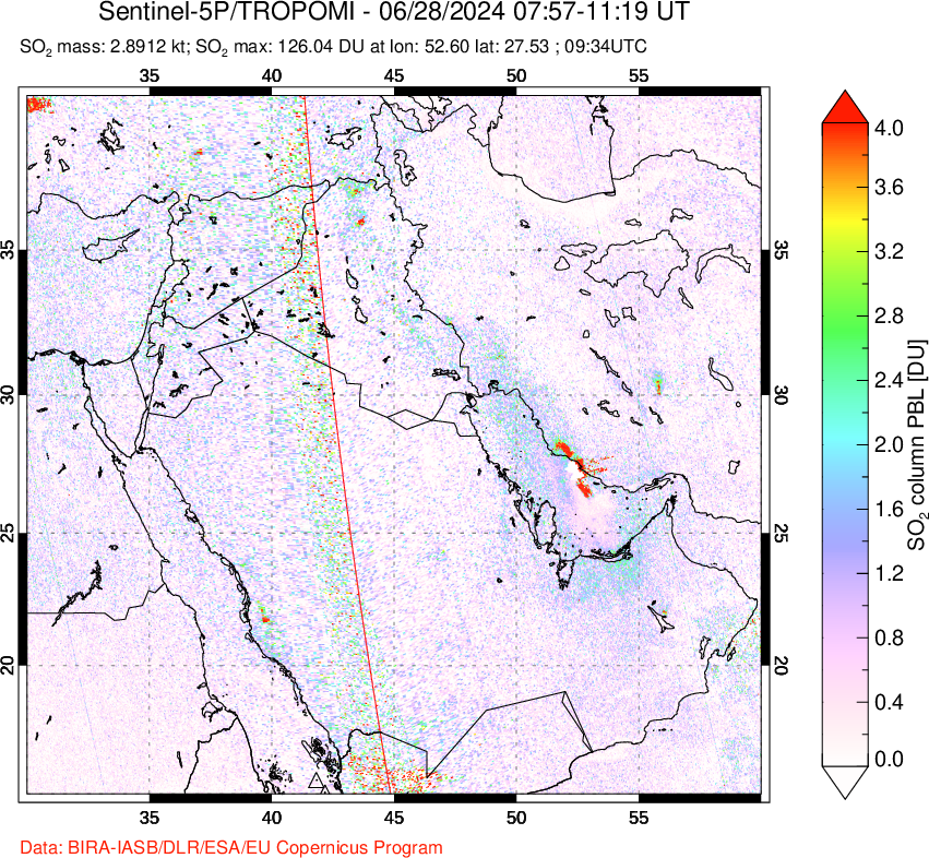 A sulfur dioxide image over Middle East on Jun 28, 2024.