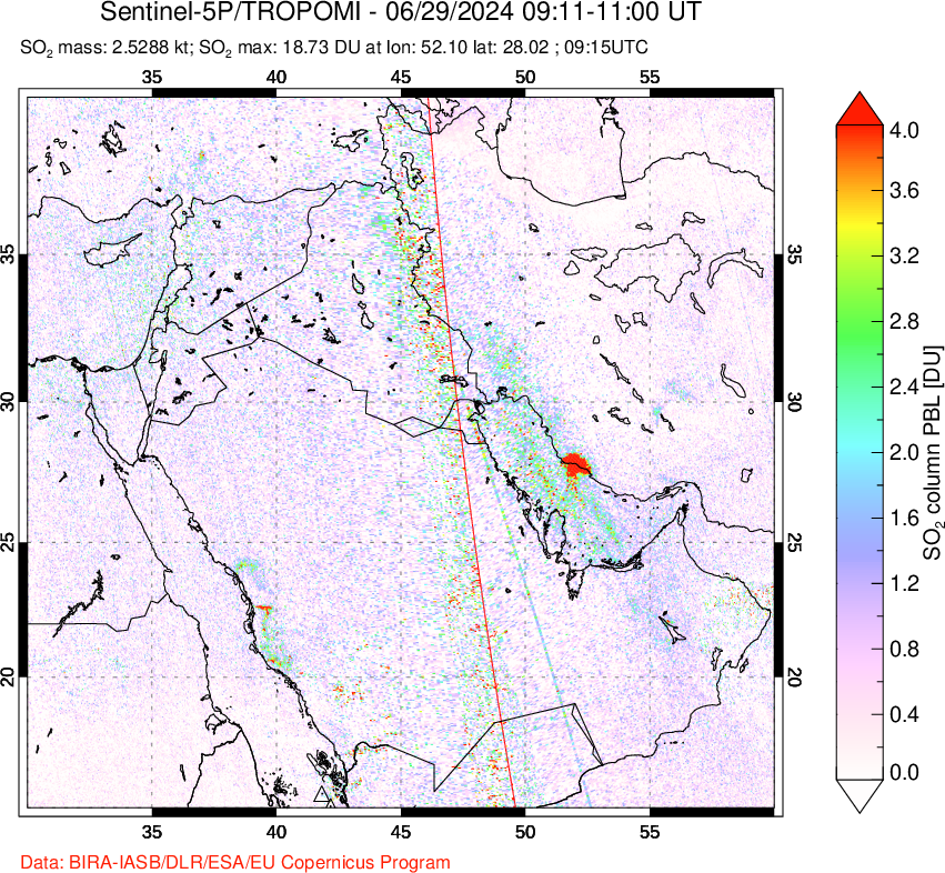 A sulfur dioxide image over Middle East on Jun 29, 2024.