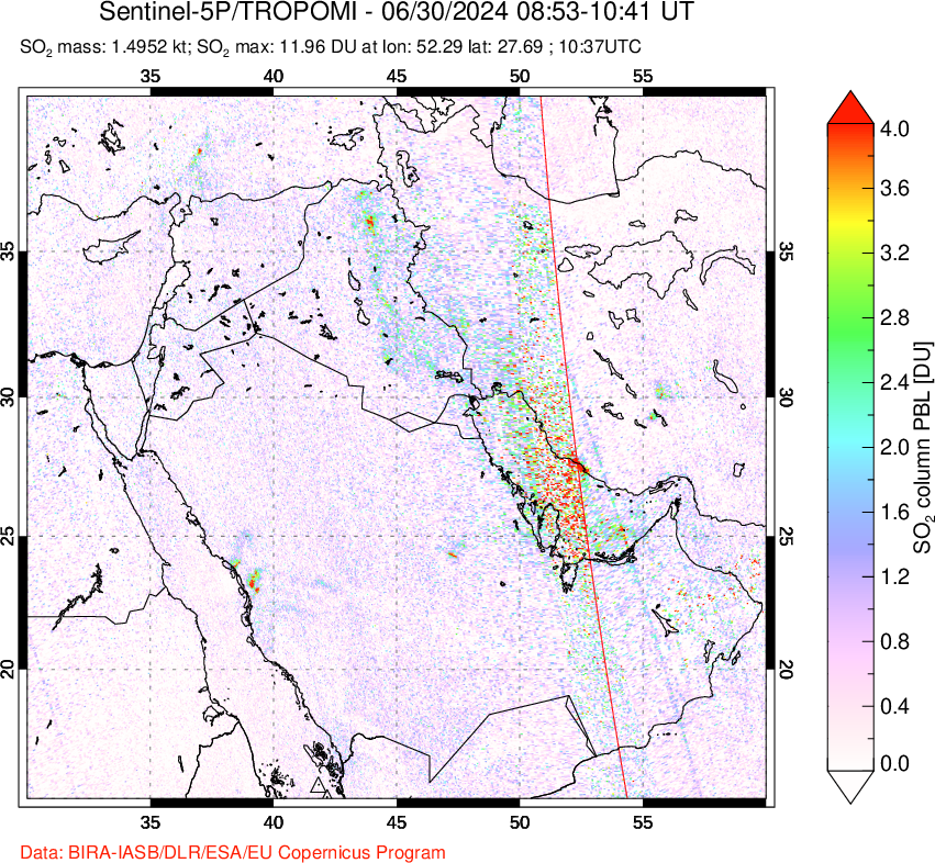 A sulfur dioxide image over Middle East on Jun 30, 2024.