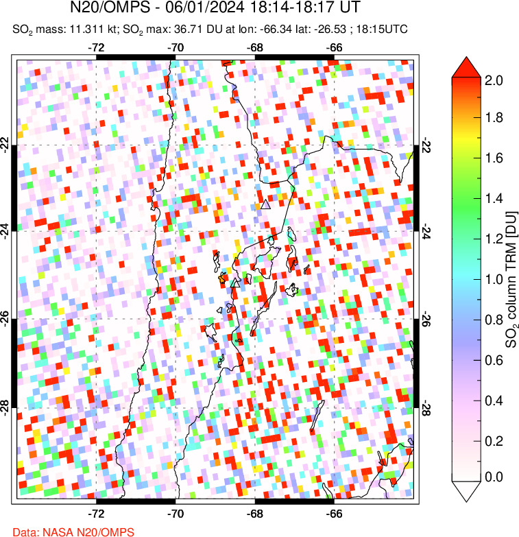 A sulfur dioxide image over Northern Chile on Jun 01, 2024.