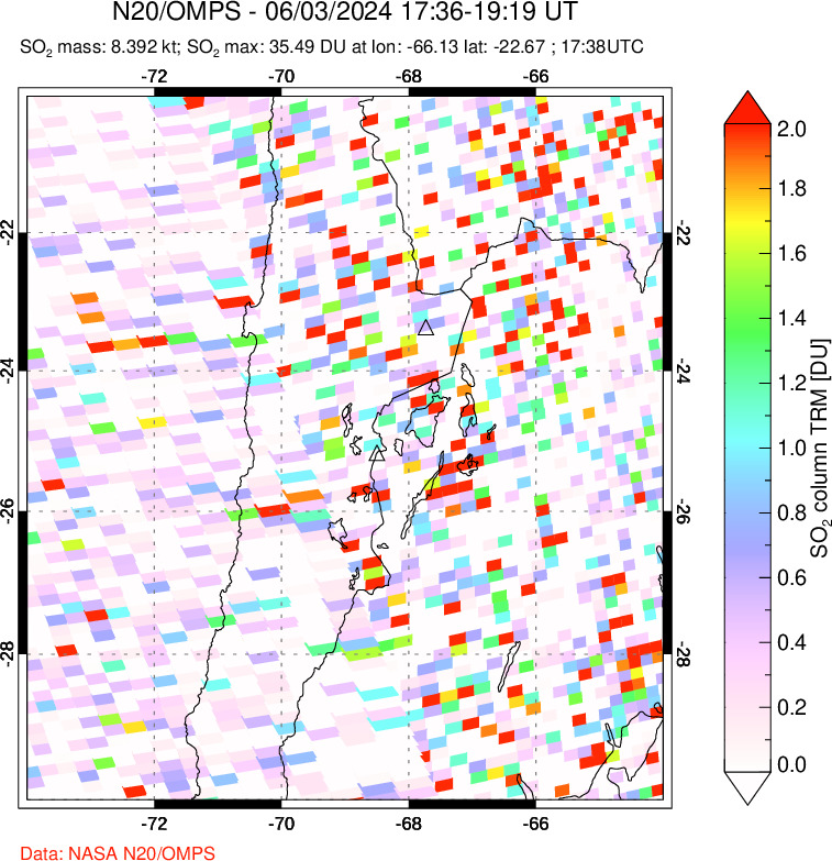 A sulfur dioxide image over Northern Chile on Jun 03, 2024.