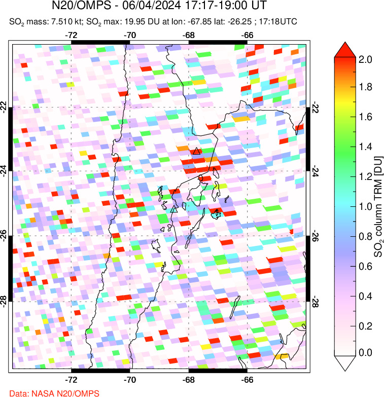 A sulfur dioxide image over Northern Chile on Jun 04, 2024.