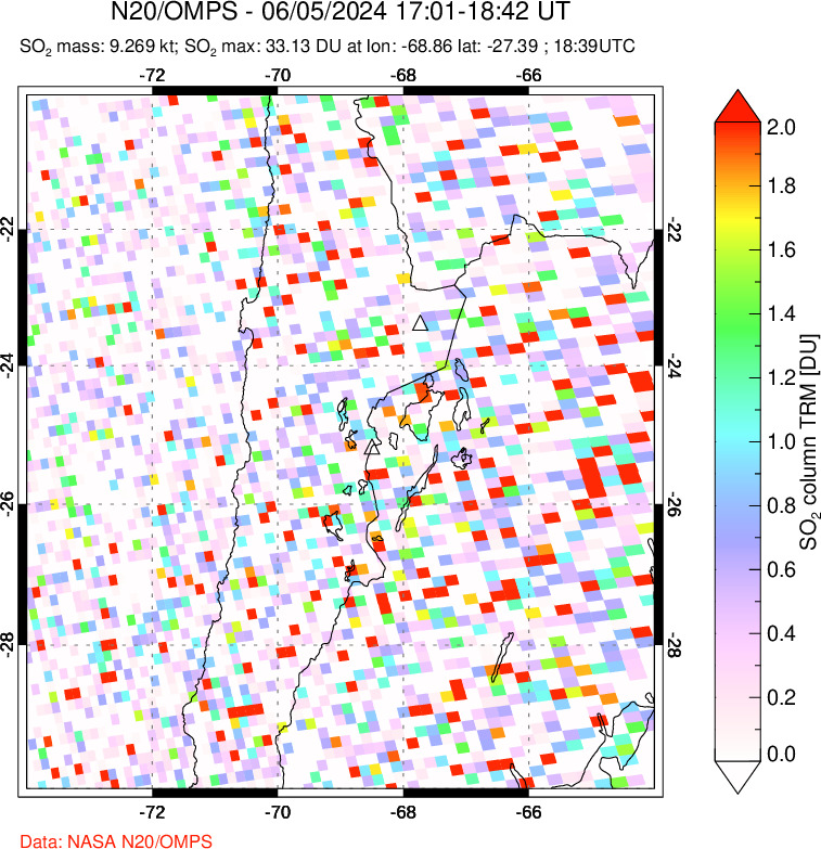 A sulfur dioxide image over Northern Chile on Jun 05, 2024.