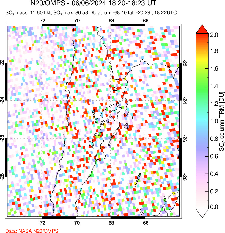 A sulfur dioxide image over Northern Chile on Jun 06, 2024.