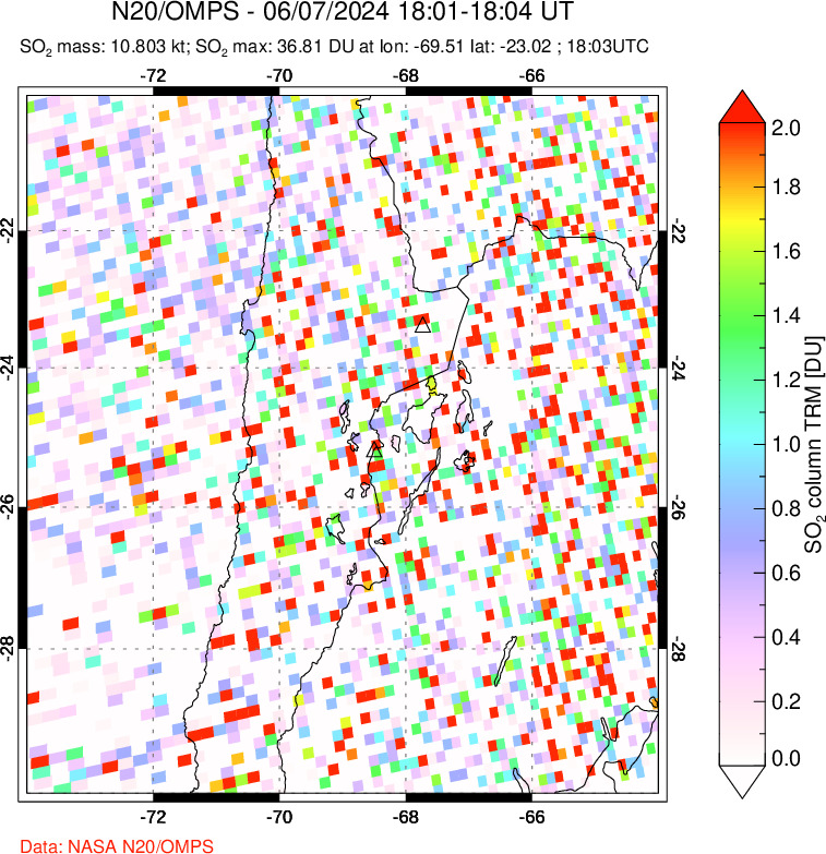 A sulfur dioxide image over Northern Chile on Jun 07, 2024.