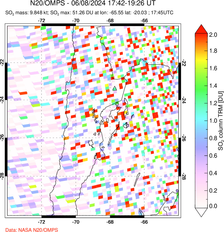 A sulfur dioxide image over Northern Chile on Jun 08, 2024.