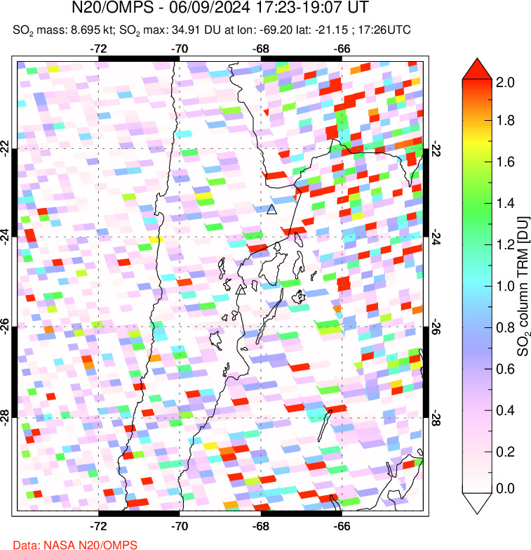 A sulfur dioxide image over Northern Chile on Jun 09, 2024.