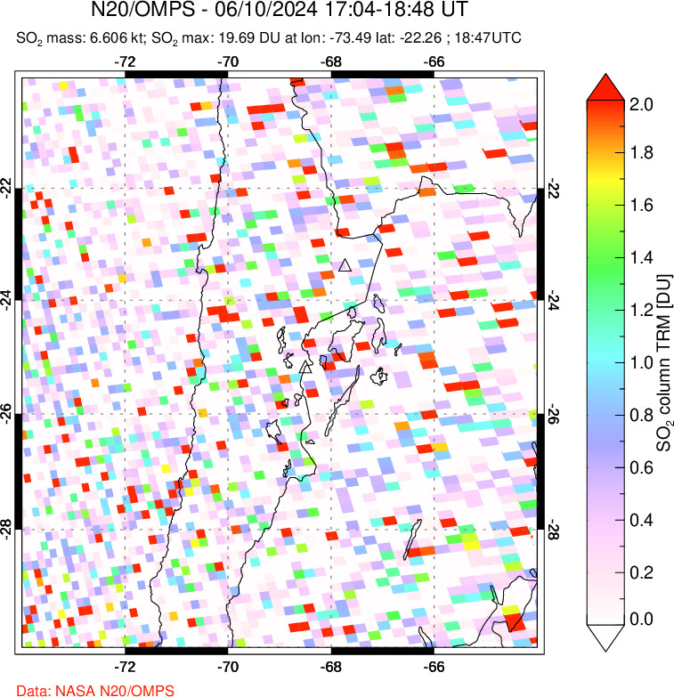 A sulfur dioxide image over Northern Chile on Jun 10, 2024.