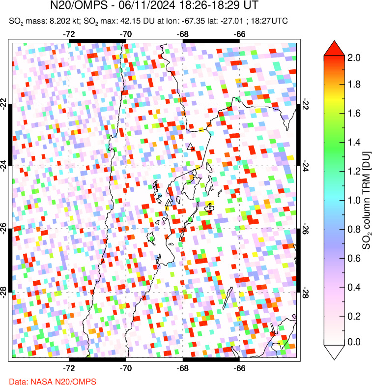 A sulfur dioxide image over Northern Chile on Jun 11, 2024.