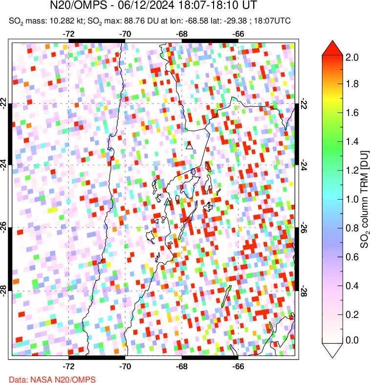 A sulfur dioxide image over Northern Chile on Jun 12, 2024.