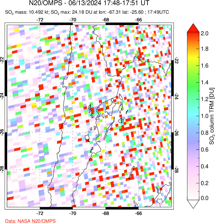 A sulfur dioxide image over Northern Chile on Jun 13, 2024.