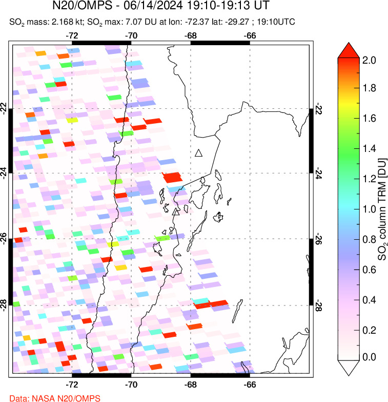 A sulfur dioxide image over Northern Chile on Jun 14, 2024.