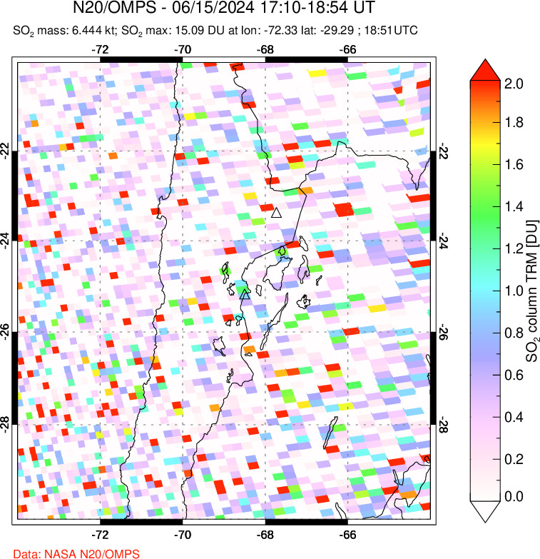 A sulfur dioxide image over Northern Chile on Jun 15, 2024.