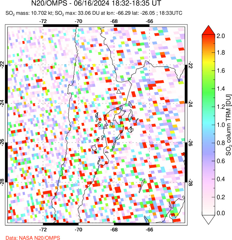 A sulfur dioxide image over Northern Chile on Jun 16, 2024.