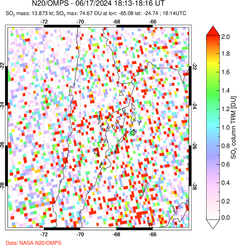 A sulfur dioxide image over Northern Chile on Jun 17, 2024.