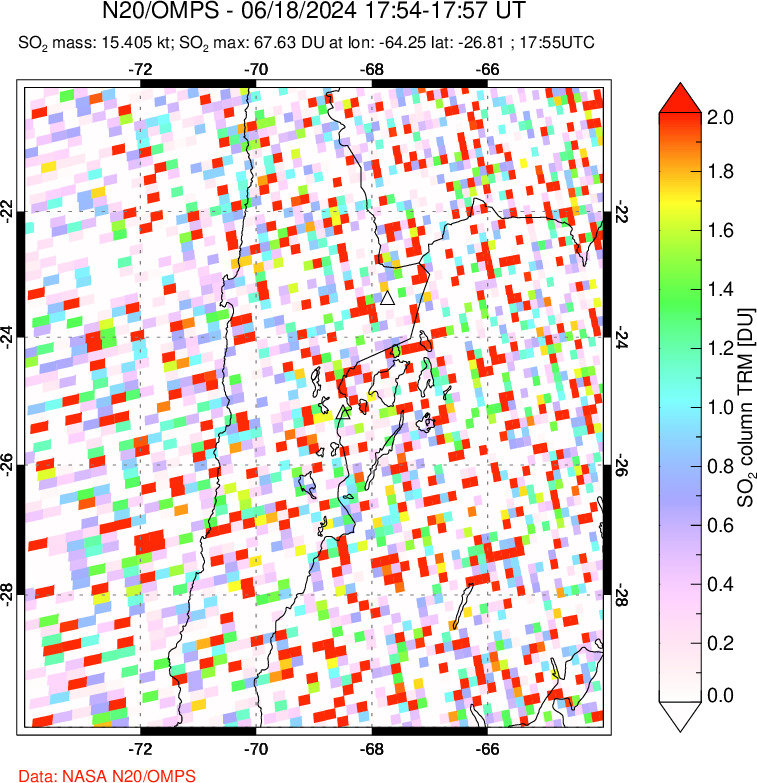 A sulfur dioxide image over Northern Chile on Jun 18, 2024.