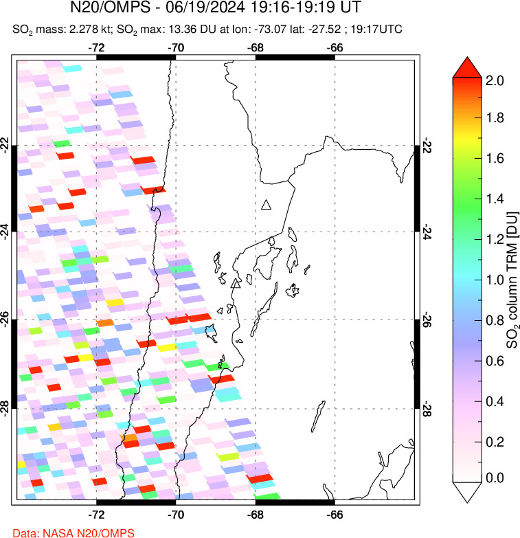 A sulfur dioxide image over Northern Chile on Jun 19, 2024.