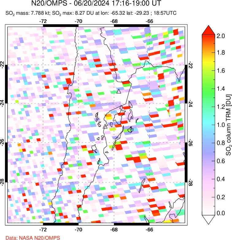 A sulfur dioxide image over Northern Chile on Jun 20, 2024.