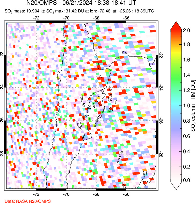 A sulfur dioxide image over Northern Chile on Jun 21, 2024.