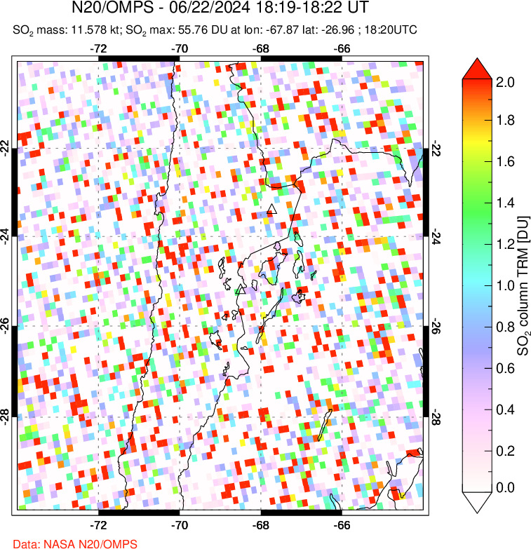 A sulfur dioxide image over Northern Chile on Jun 22, 2024.