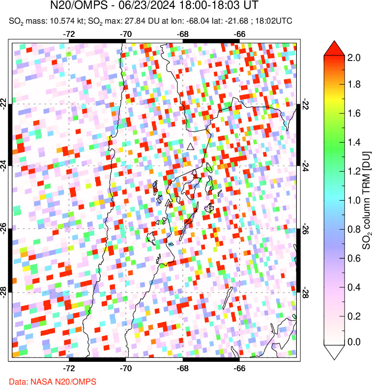 A sulfur dioxide image over Northern Chile on Jun 23, 2024.