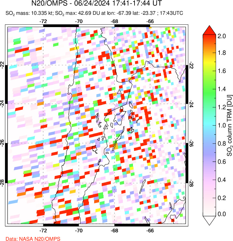 A sulfur dioxide image over Northern Chile on Jun 24, 2024.