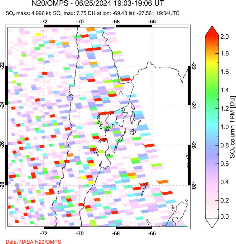 A sulfur dioxide image over Northern Chile on Jun 25, 2024.