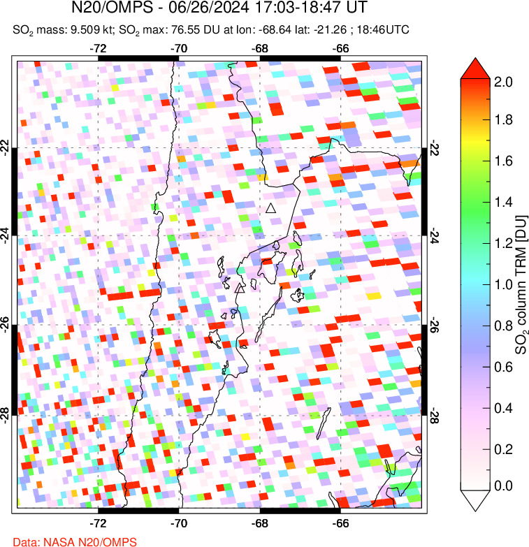 A sulfur dioxide image over Northern Chile on Jun 26, 2024.