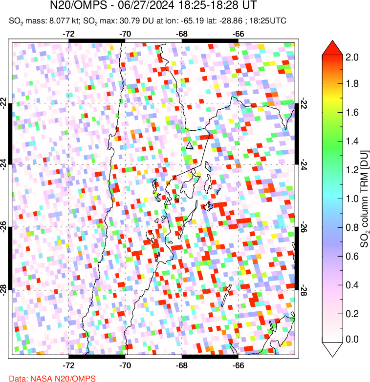 A sulfur dioxide image over Northern Chile on Jun 27, 2024.