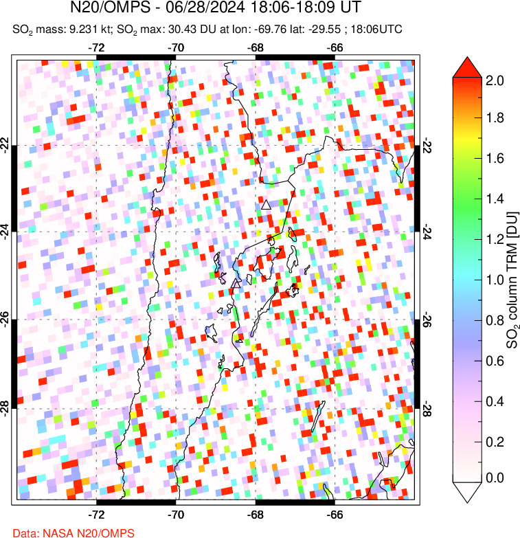 A sulfur dioxide image over Northern Chile on Jun 28, 2024.