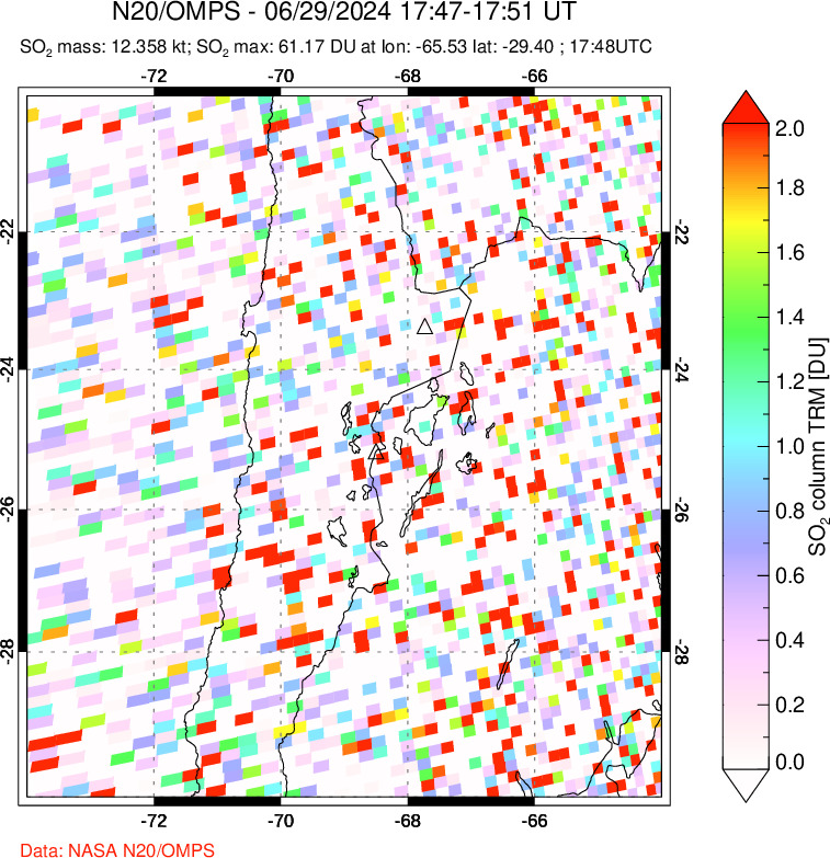 A sulfur dioxide image over Northern Chile on Jun 29, 2024.