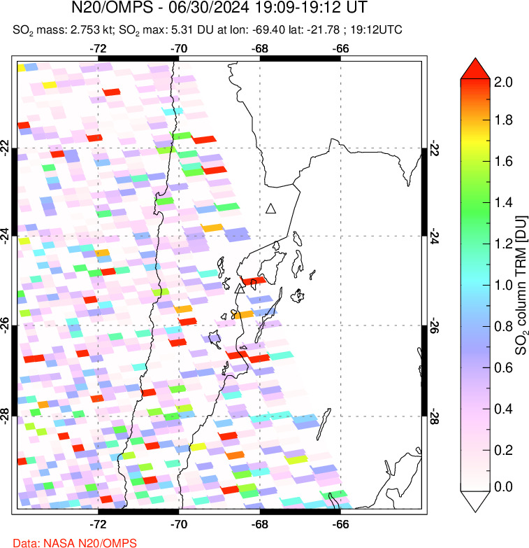 A sulfur dioxide image over Northern Chile on Jun 30, 2024.