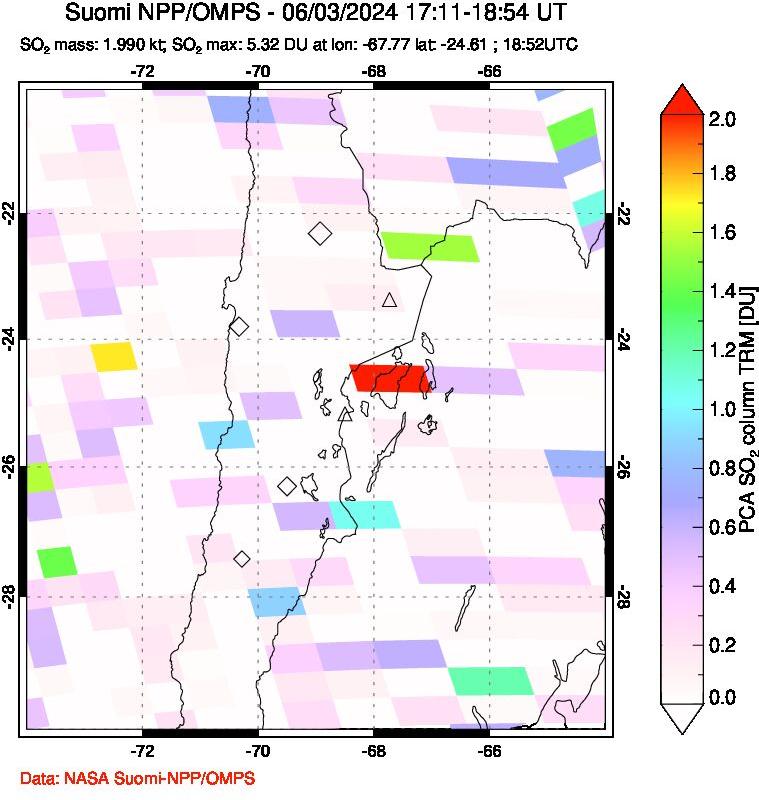 A sulfur dioxide image over Northern Chile on Jun 03, 2024.