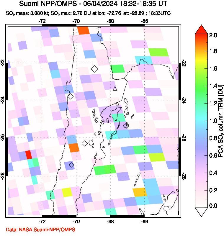 A sulfur dioxide image over Northern Chile on Jun 04, 2024.