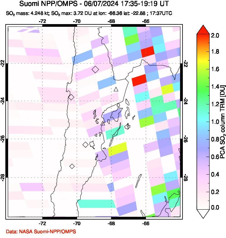 A sulfur dioxide image over Northern Chile on Jun 07, 2024.