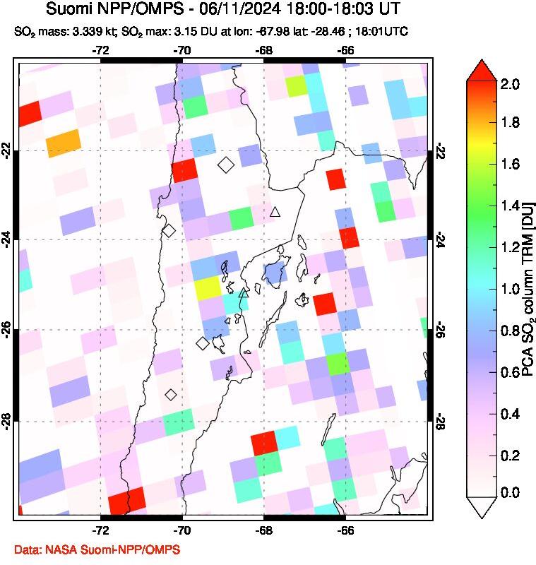 A sulfur dioxide image over Northern Chile on Jun 11, 2024.