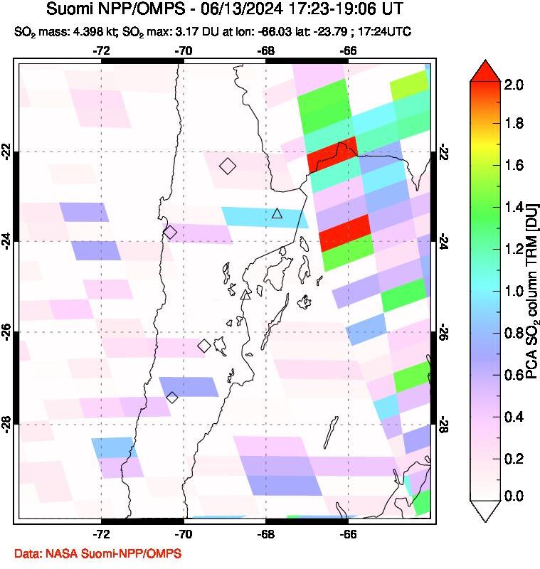 A sulfur dioxide image over Northern Chile on Jun 13, 2024.